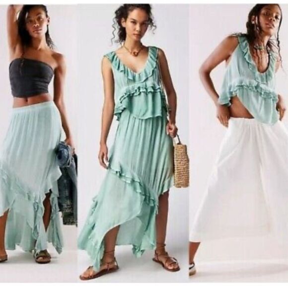 Free People Dresses & Skirts - Free People If Only Skirt Set Harbor Mint Rayon Gauze Asymetrical Ruffle Medium
